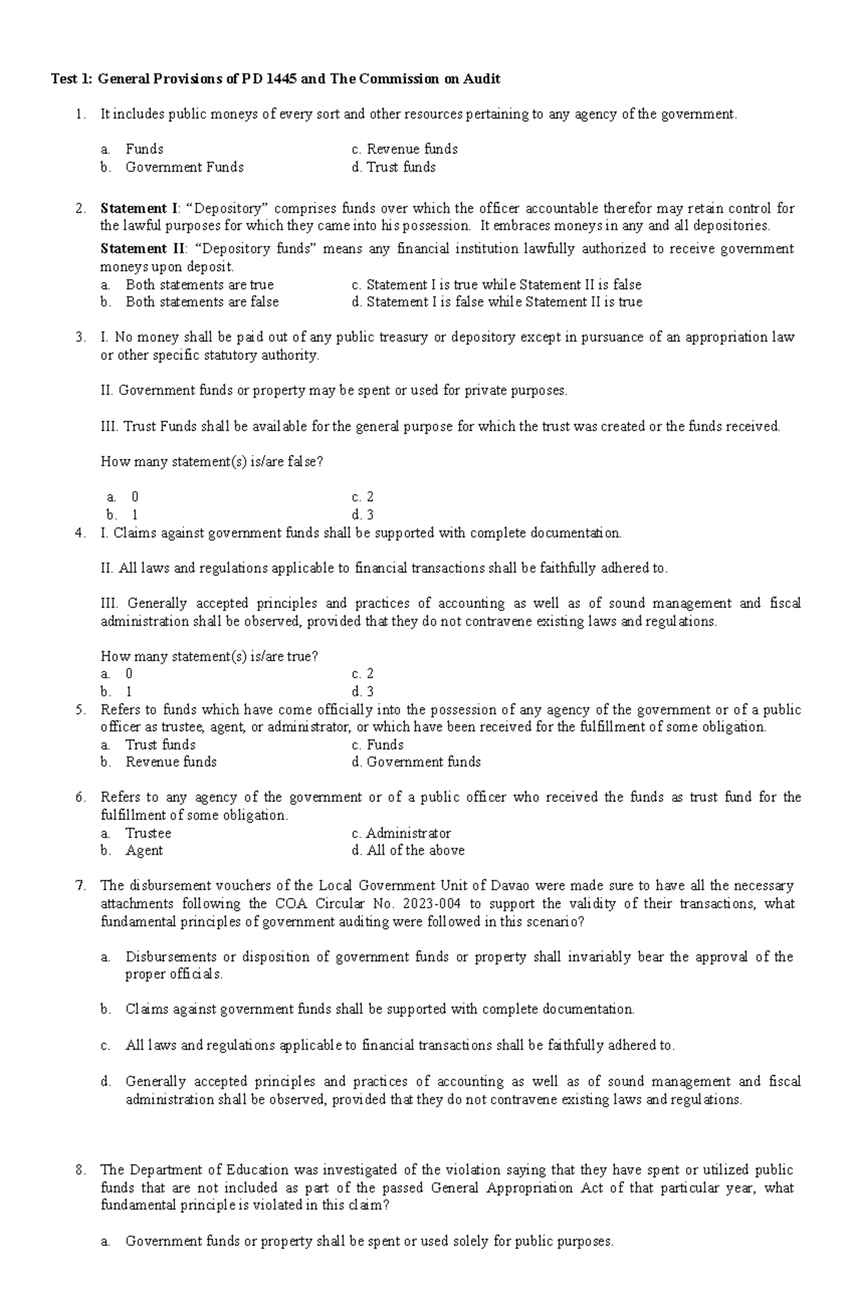 Quiz 1: General Provisions of PD 1445 and The Commission on Audit - Studocu