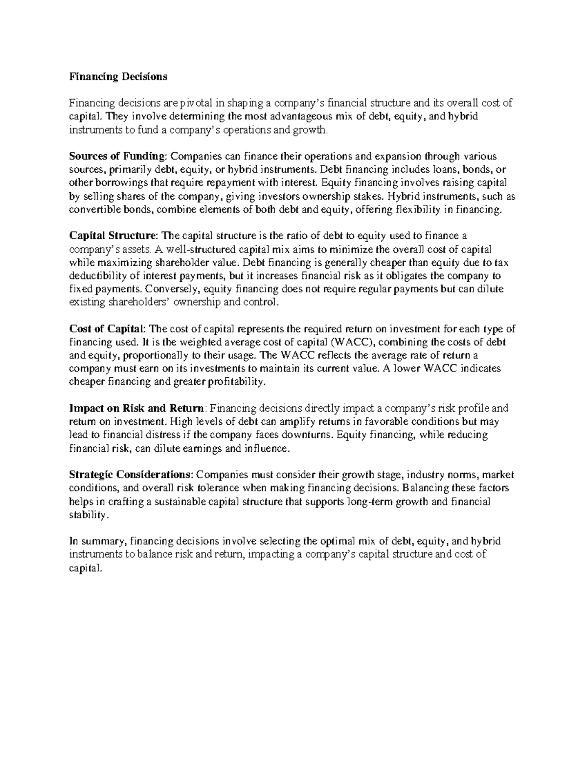 Financial Decisions and Sources of Funding Analysis in Corporate ...