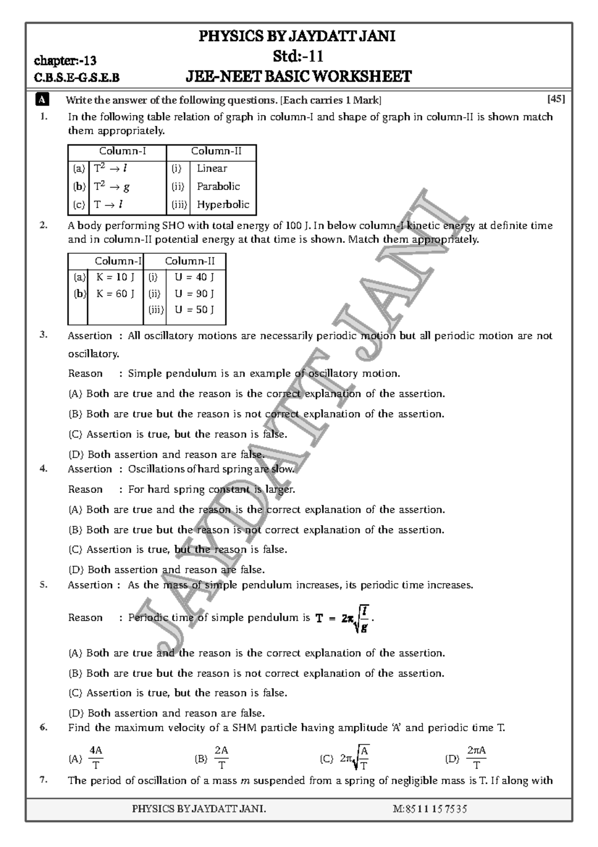PHYSICS JAYDATT JANI BASIC WORKSHEET A - Simple Harmonic Motion ...