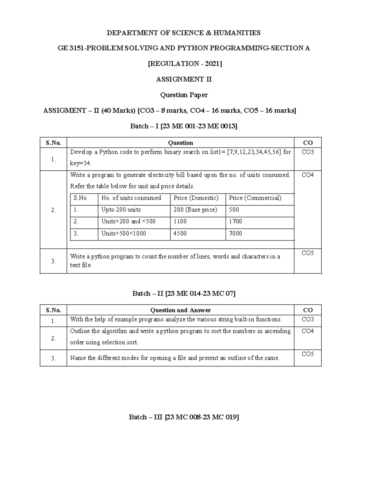 Python Assignment II (40 Marks) - ME Course Code - Studocu