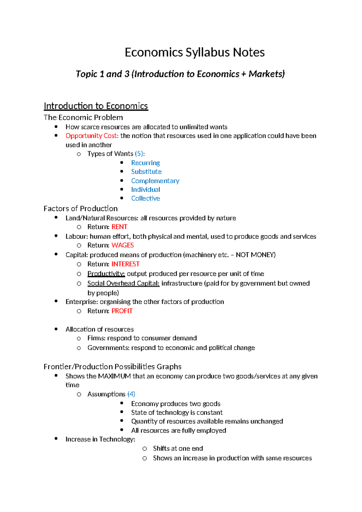 Economics Syllabus Notes - Yr11 Topics 1 & 3 Overview - Studocu