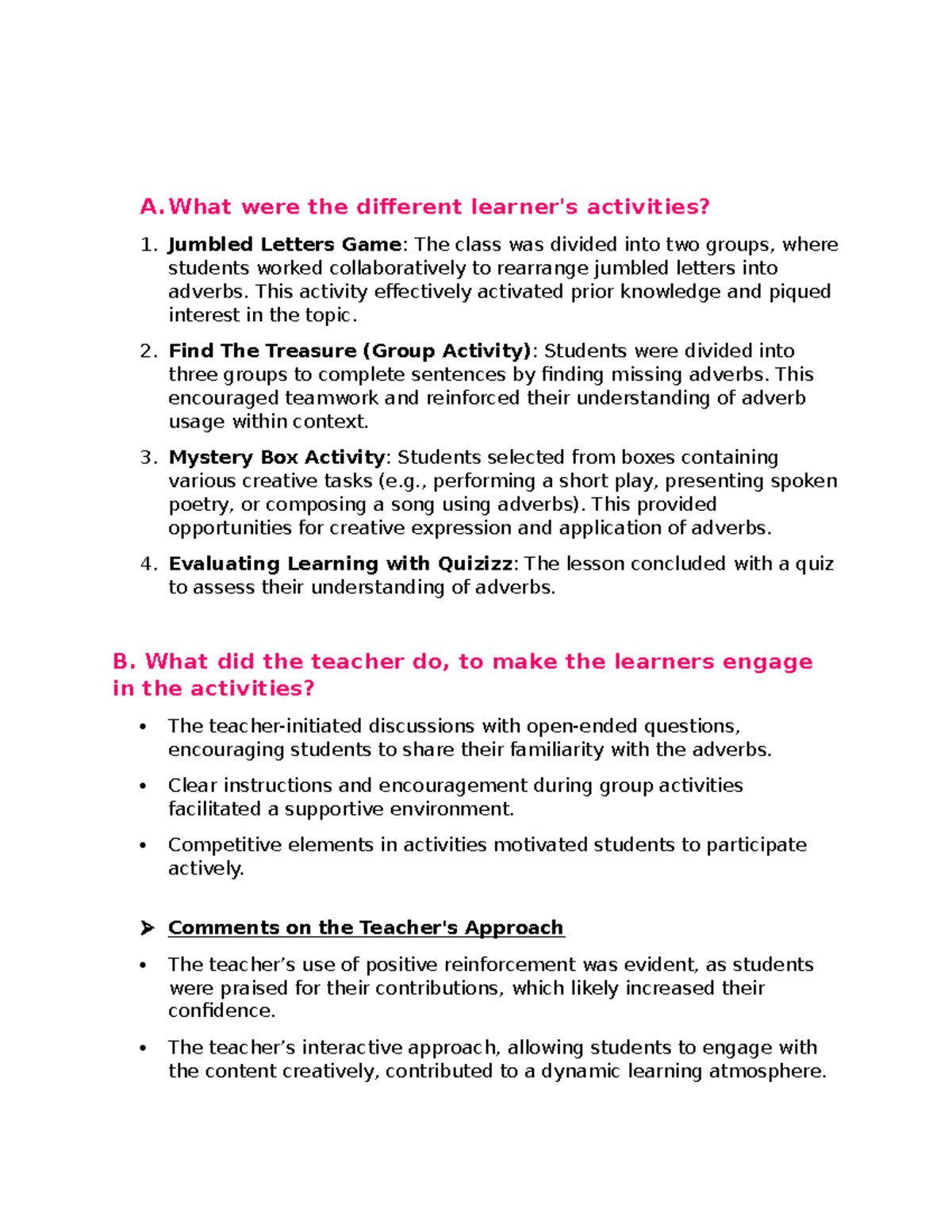 Engaging Activities for Learning Adverbs: Group Work & Insights - Studocu
