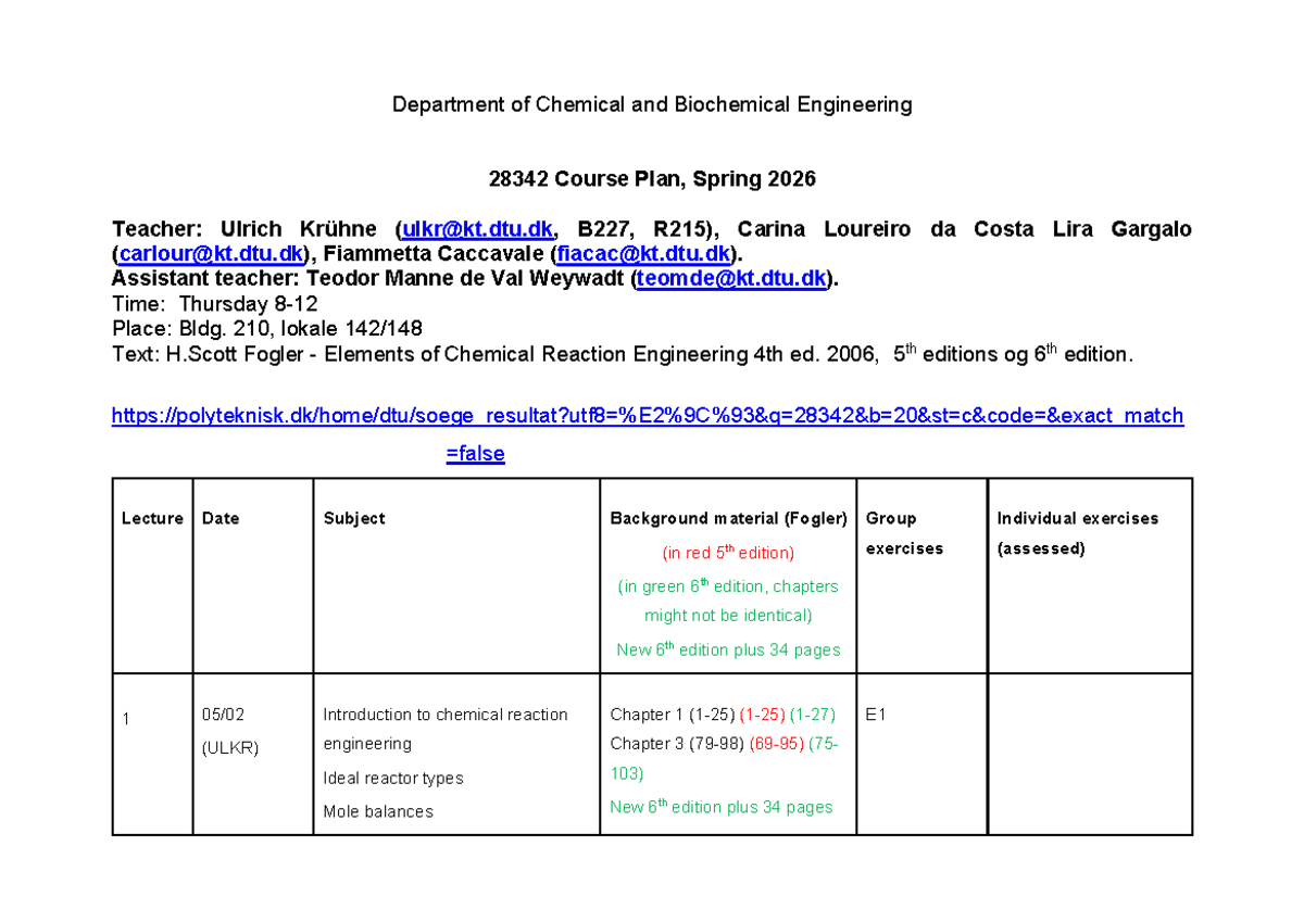 28342 Course Plan: Chemical Reaction Engineering, Spring 2026 - Studocu