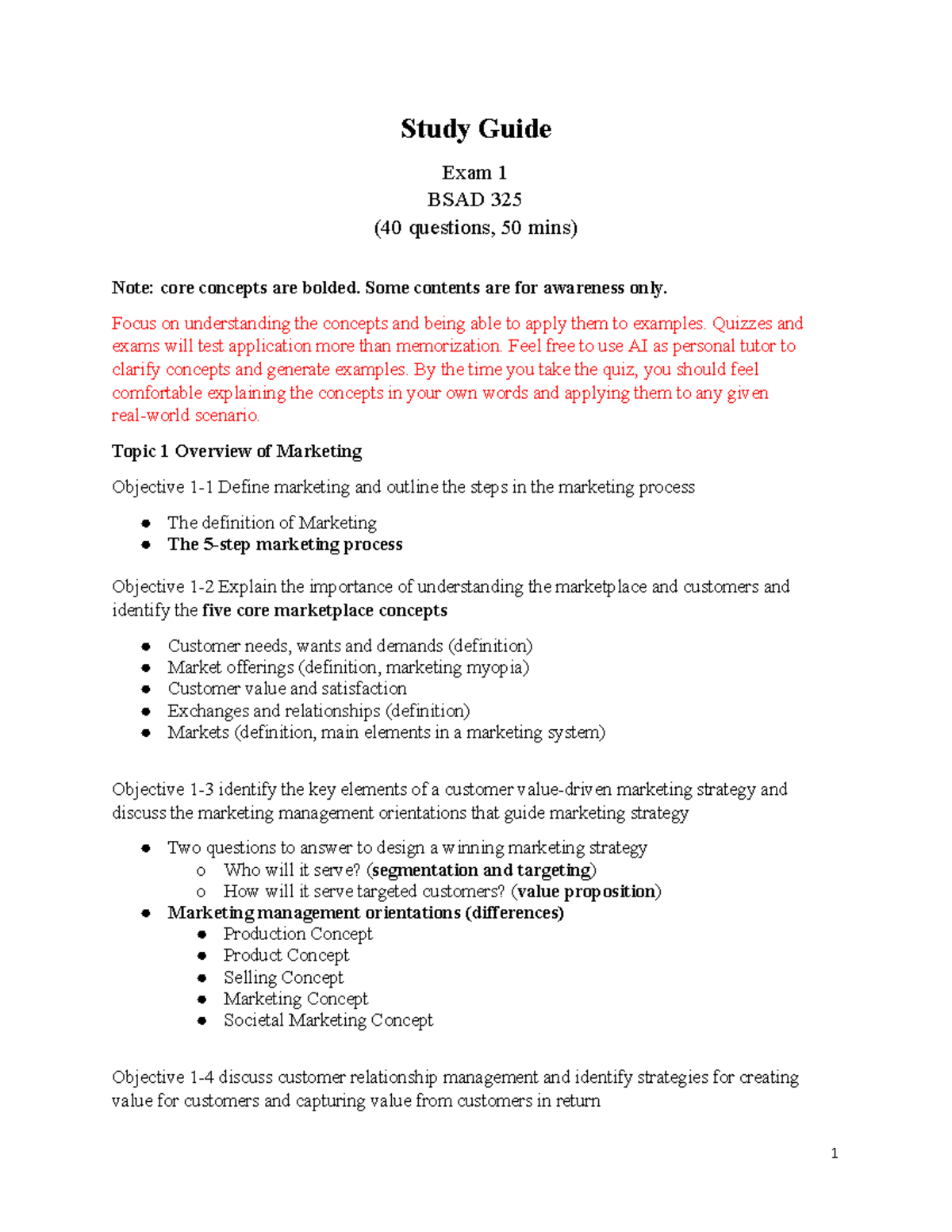 Study Guide for Exam 1 - BSAD 325: Marketing Concepts & Strategies ...