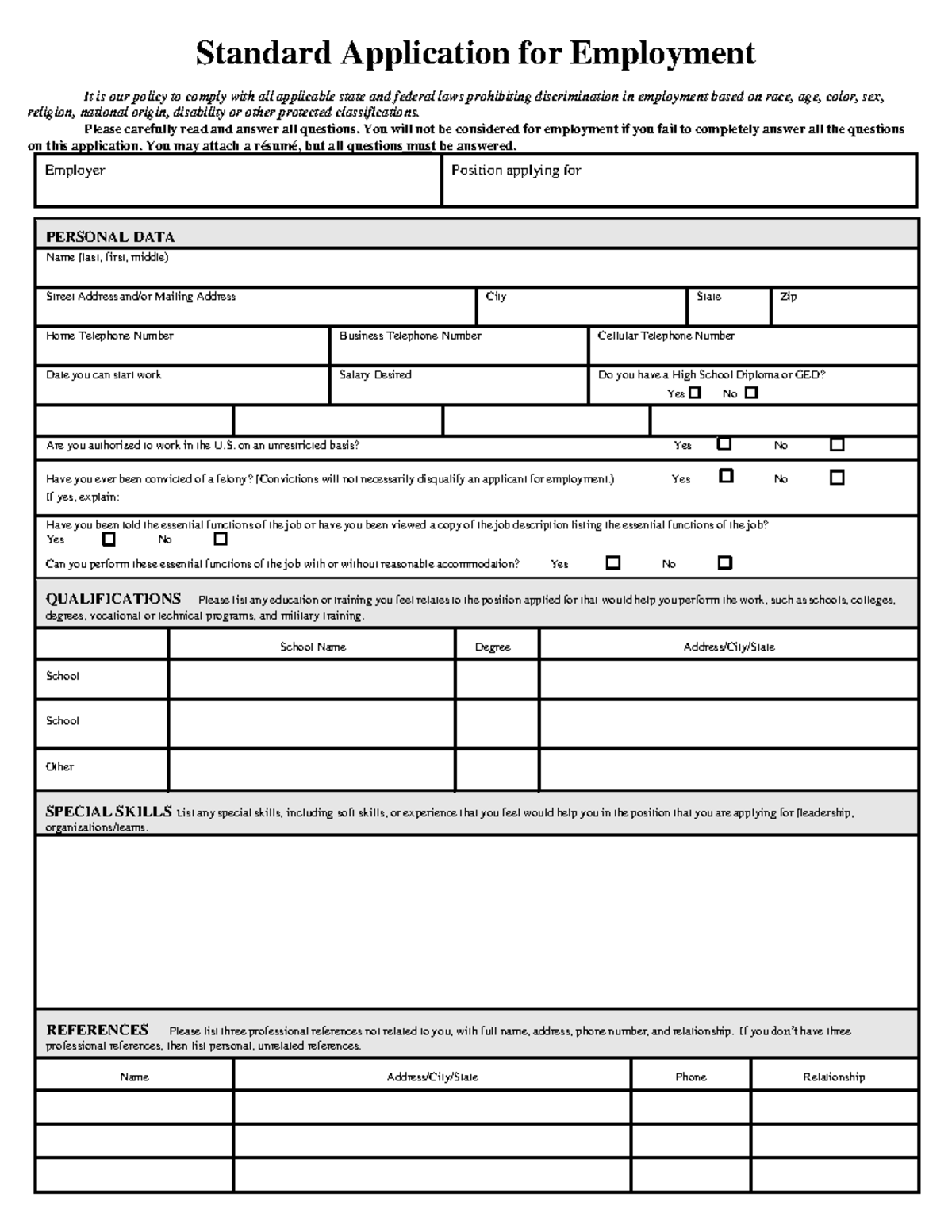 Standard Job Application Updated - Standard Application for Employment ...