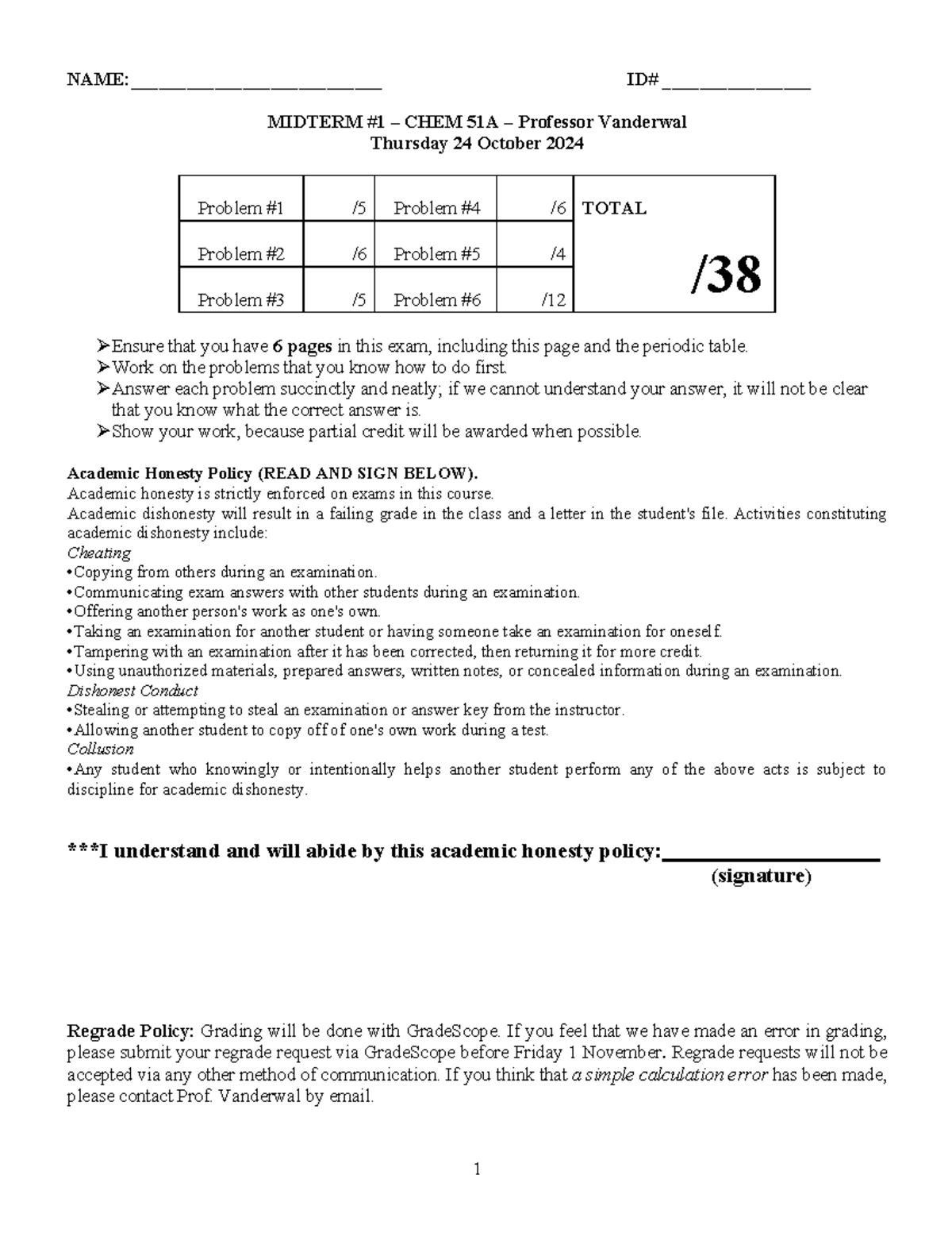 Midterm Exam #1 - Chem 51A - Fall 2024 - Studocu