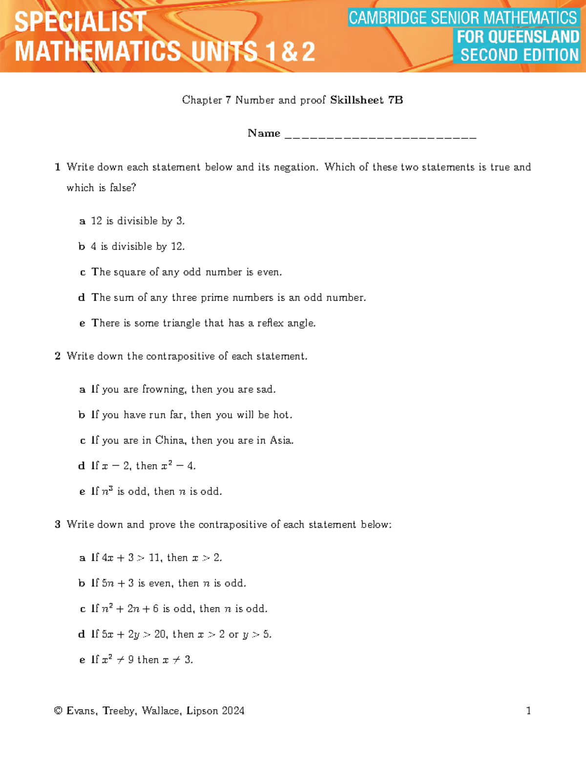 Chapter 7 Skillsheet 7B: Number and Proof Exercises - Studocu