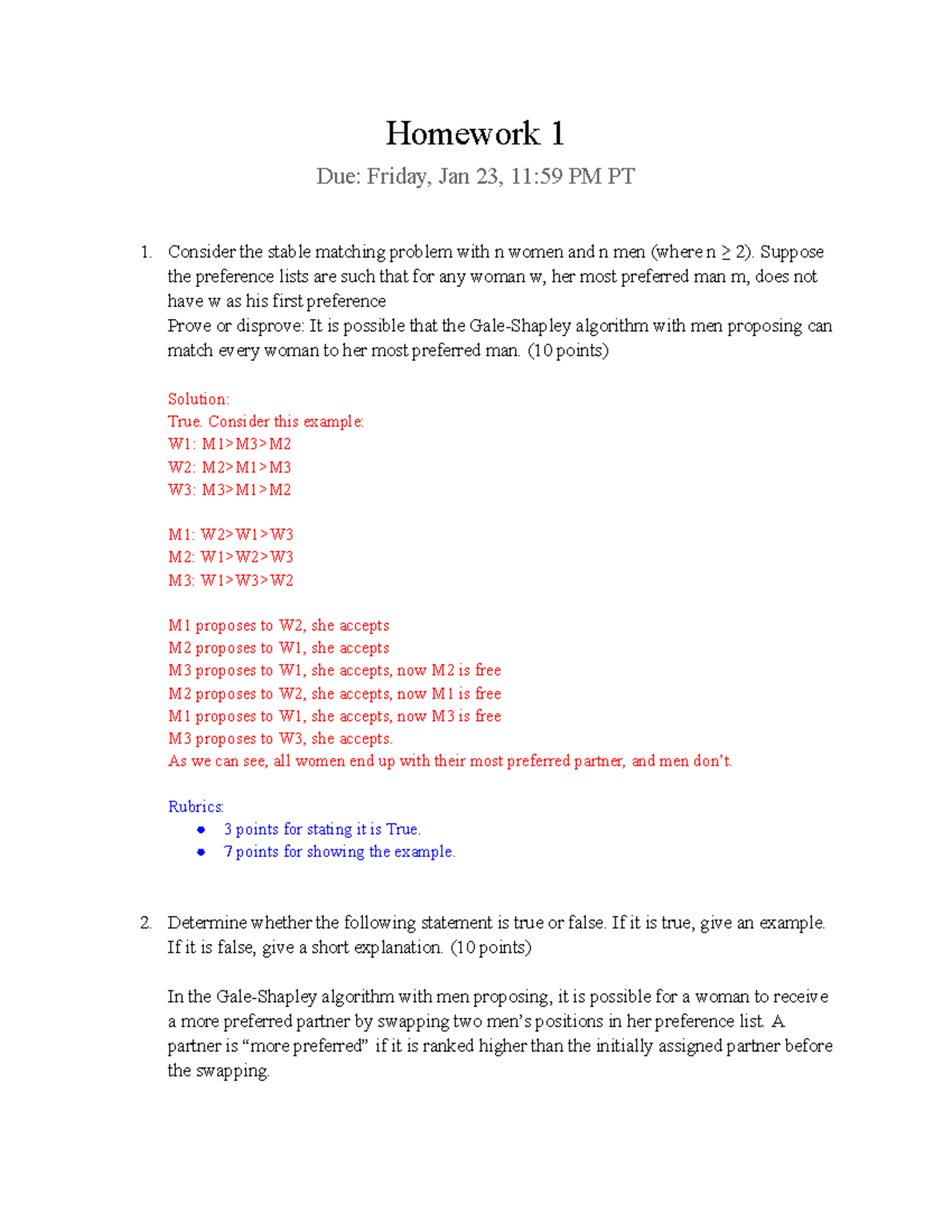 HW1 Solutions: Stable Matching Problem Analysis and Examples - Studocu