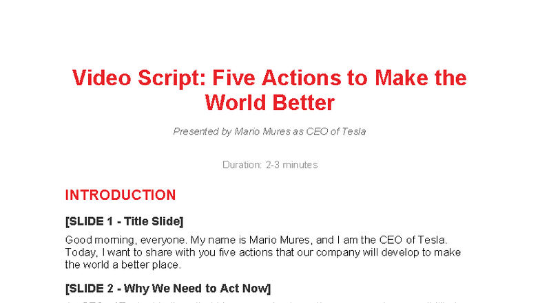 Video Script: Five Actions by Tesla to Improve the World - Studocu