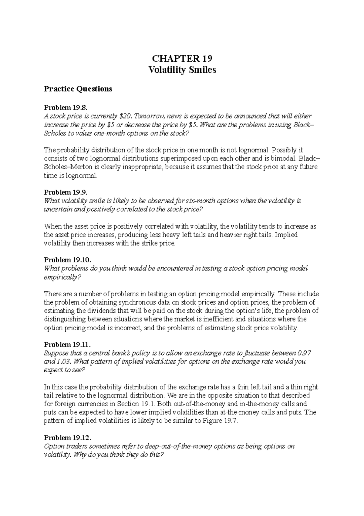Hull Fund 9e Ch19 Volatility Smiles & Problem Solutions Notes - Studocu