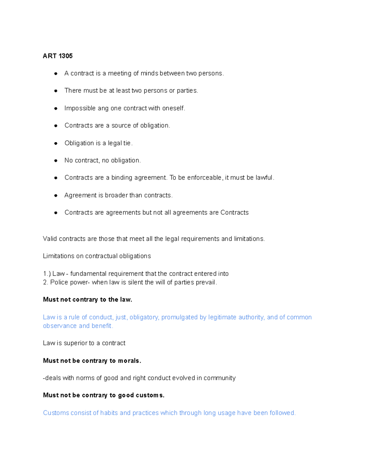 ART 1305 Oblicon Notes: Understanding Contracts and Obligations - Studocu