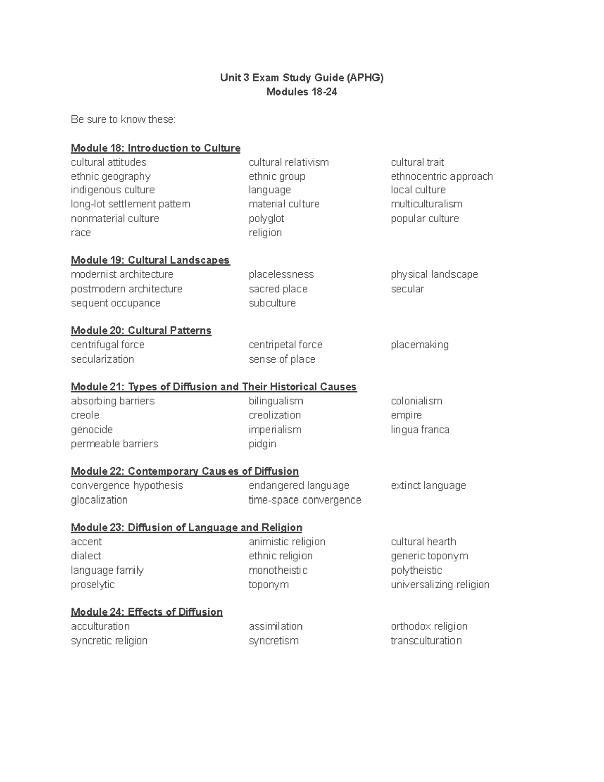 Unit 3 Exam Study Guide (APHG) - Modules 18-24 - Studocu
