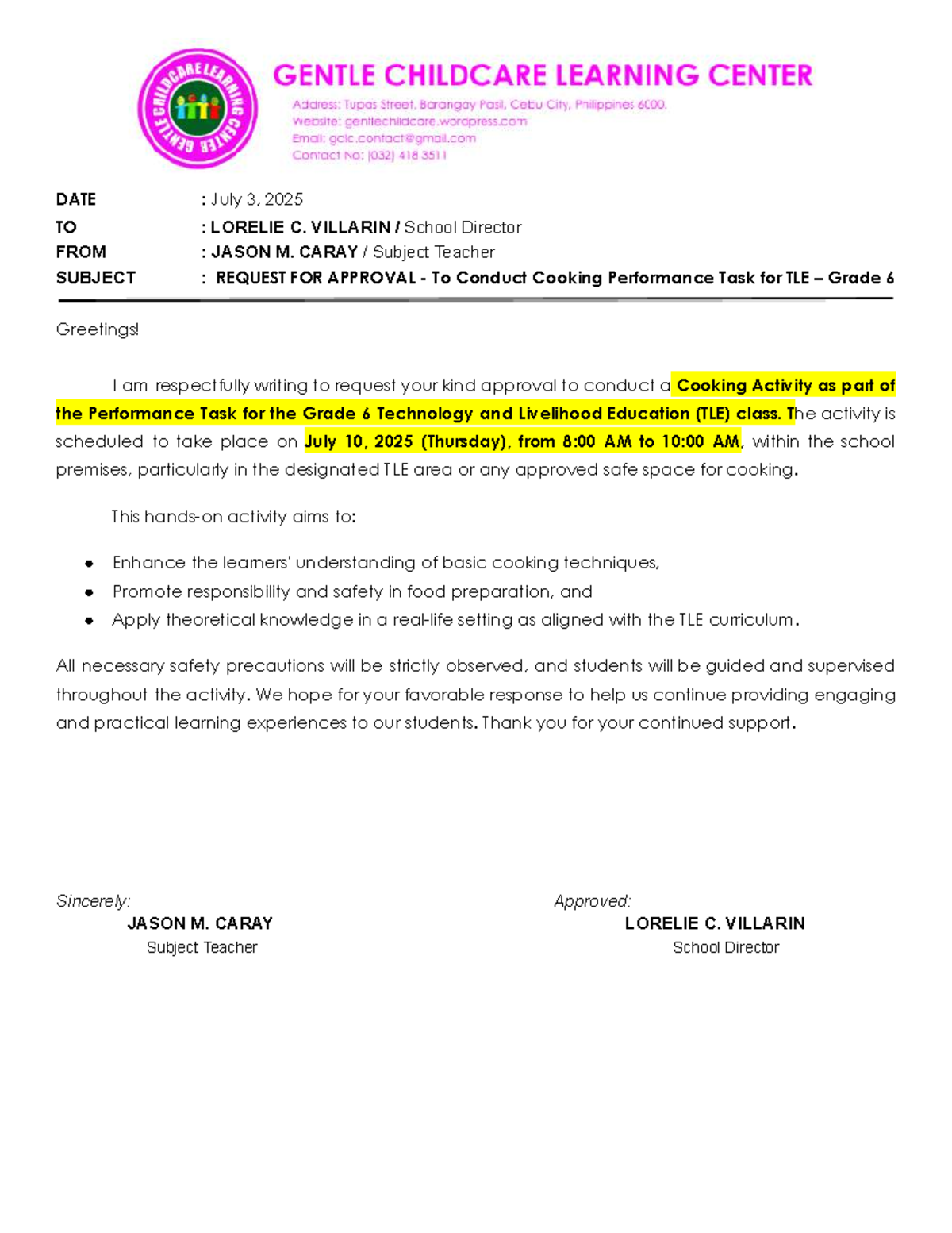 Request for Approval: Cooking Performance Task for TLE Grade 6 - Studocu
