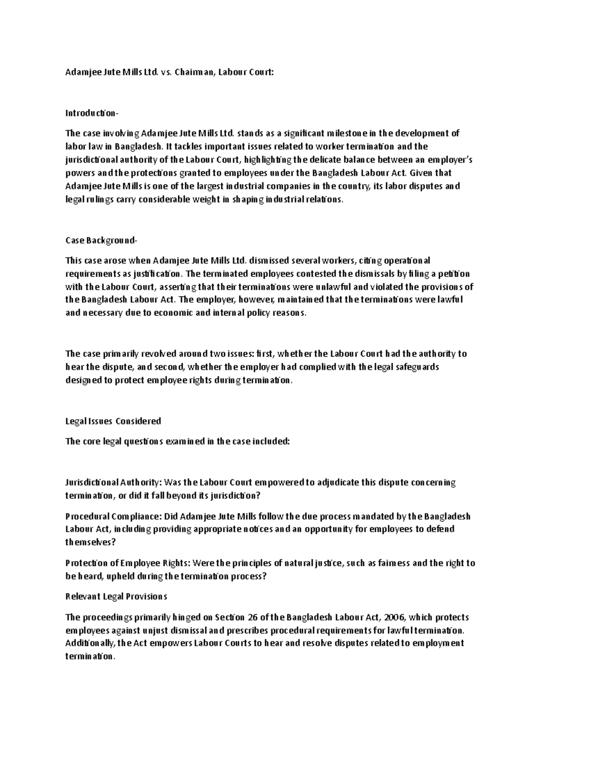 Adamjee Jute Mills Ltd. vs. Chairman, Labour Court: Case Analysis - Studocu