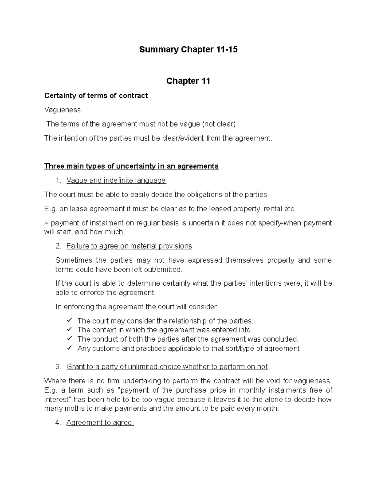 CCLA011 Summary of Chapters 11 to 15: Contractual Terms ...