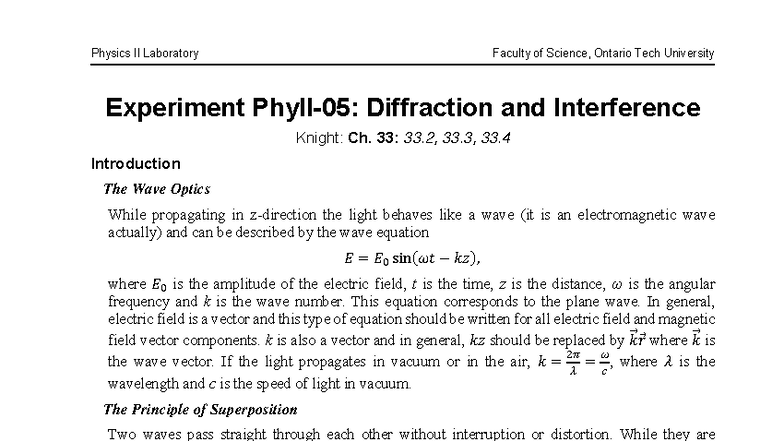 Physics II Lab: Experiment on Diffraction & Interference - Studocu
