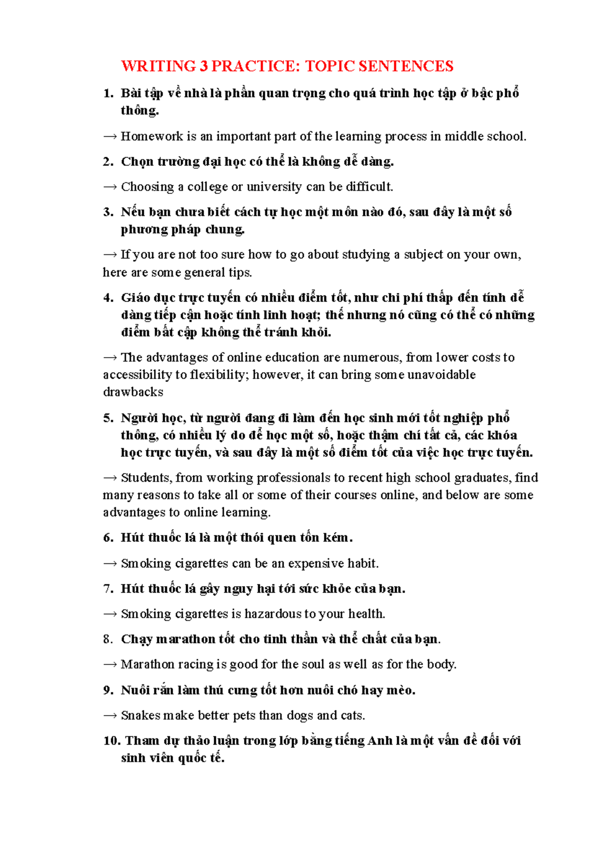 Writing 3 Practice: Topic Sentences for Effective Essays - Studocu