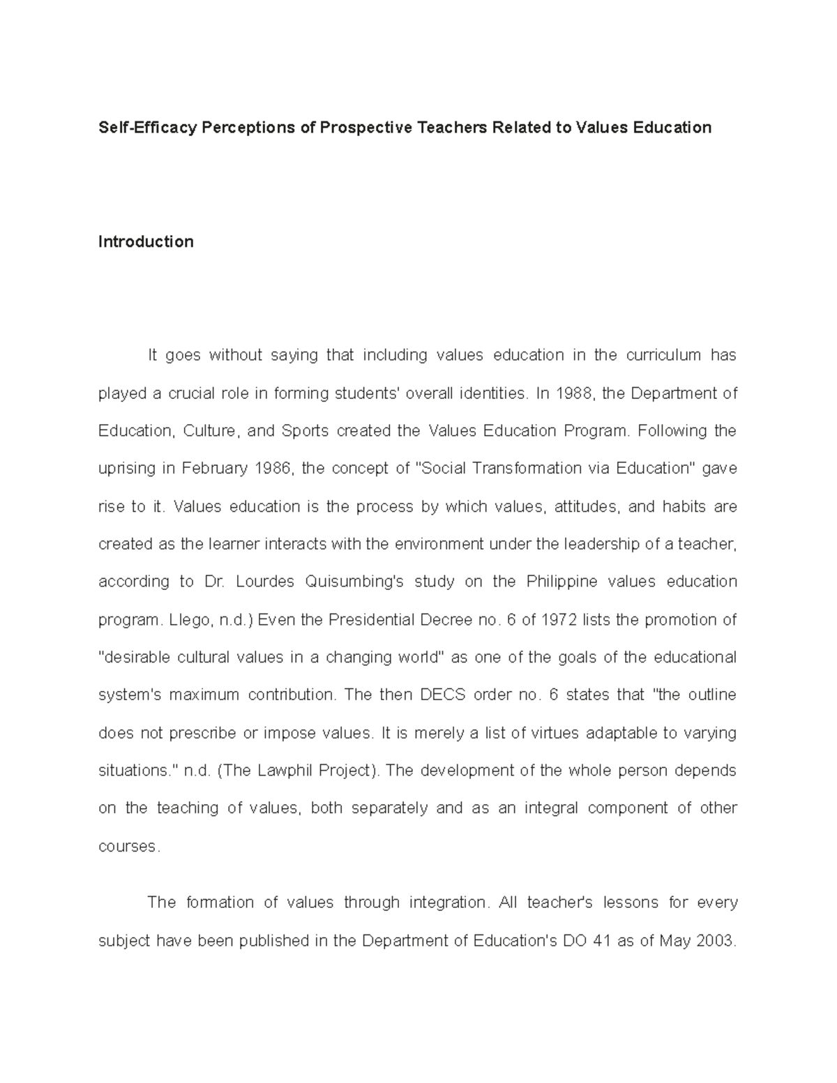 Self Efficacy Perceptions of Prospective Teachers Related to Values ...