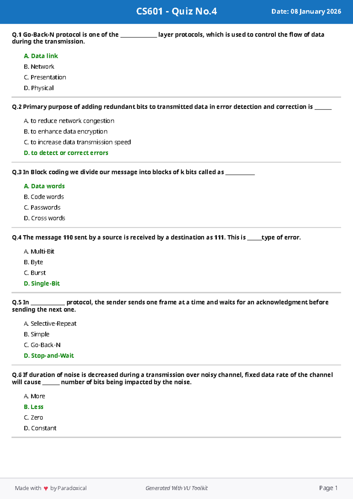 CS601 Quiz No.4 - Data Transmission and Protocols - Studocu