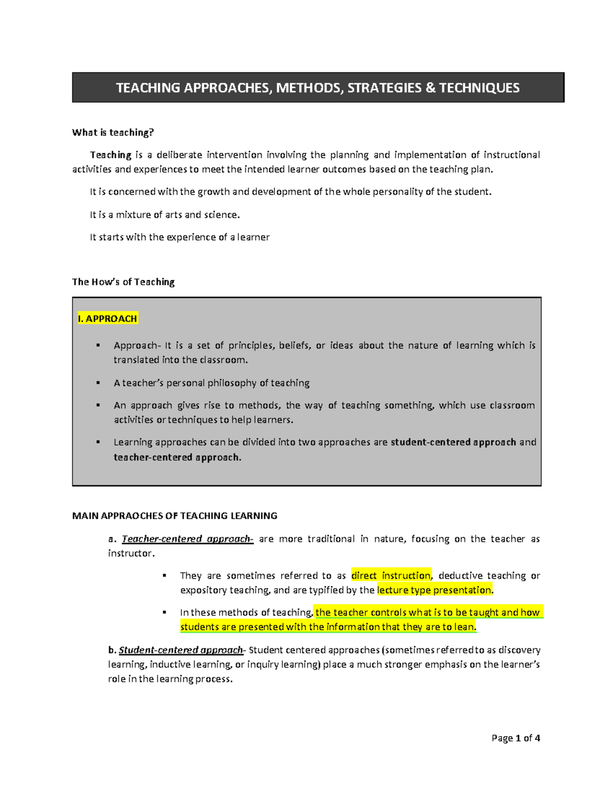 Teaching Approaches, Methods, Strategies & Techniques: An Overview ...
