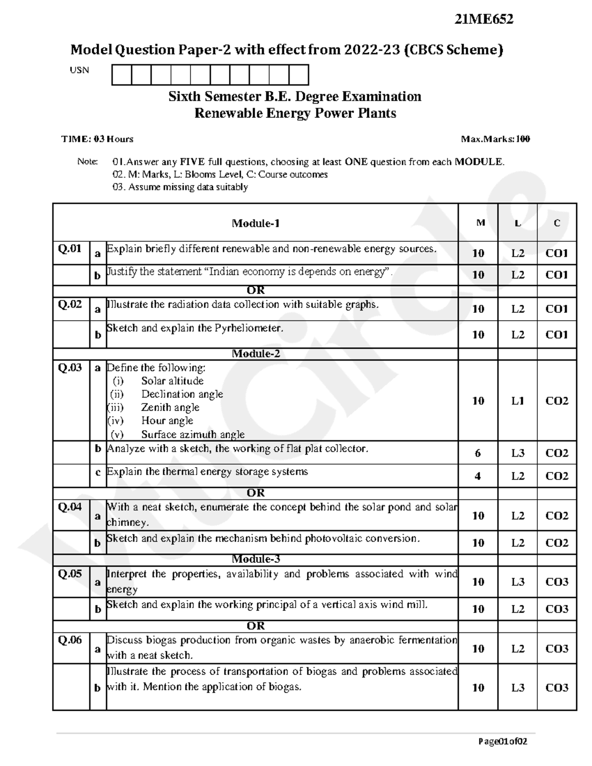 21ME652 Model Question Paper for Renewable Energy Exam - Studocu