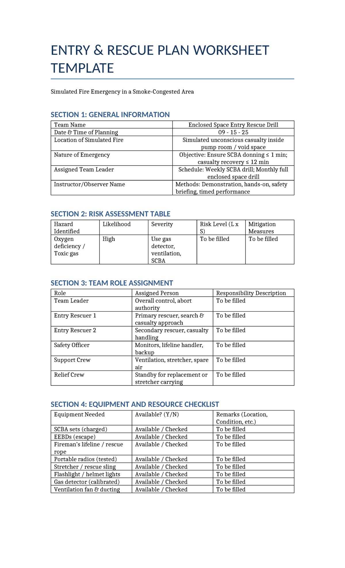 Enclosed Space Entry Rescue Plan Worksheet - Simulated Fire Emergency ...