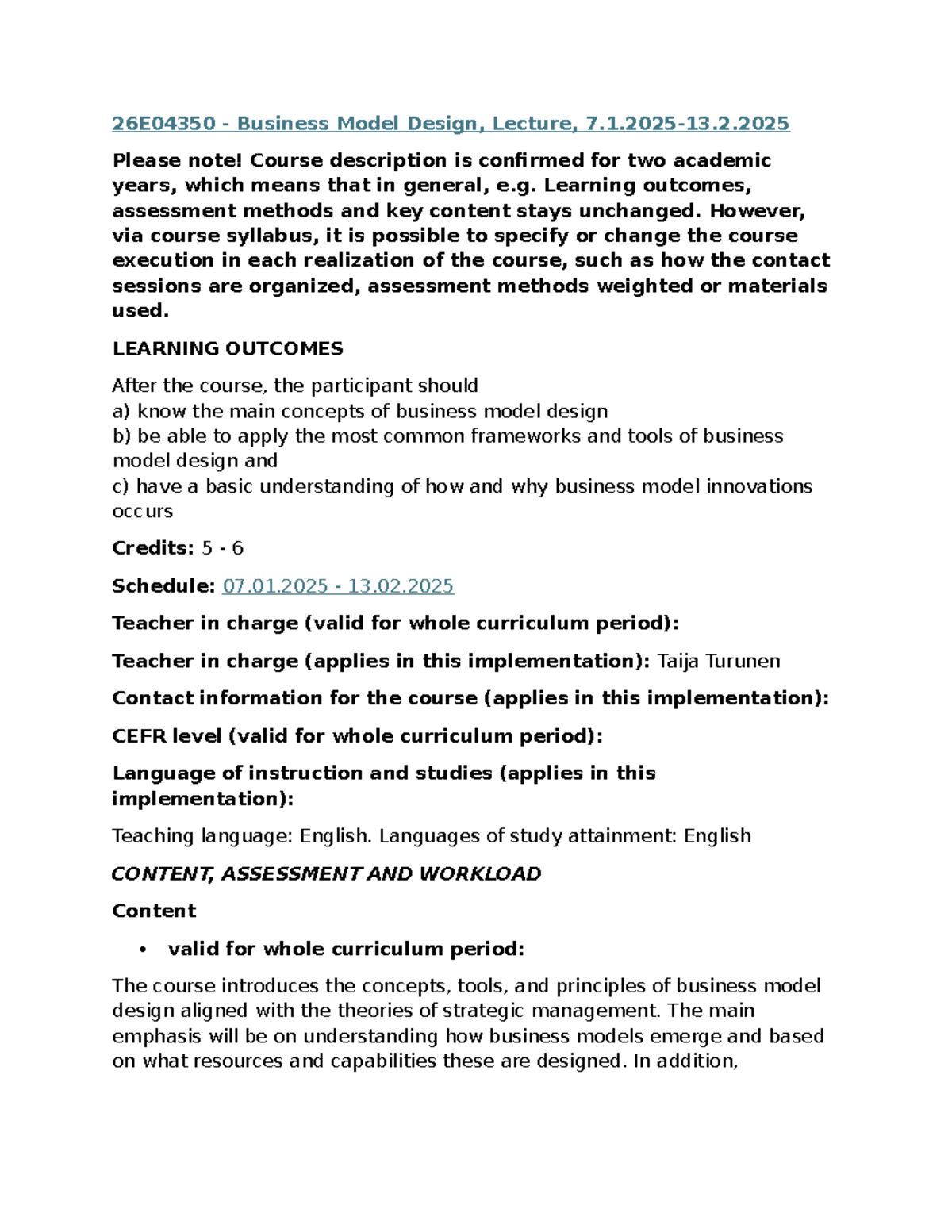 26E04350 Business Model Design, Lecture Syllabus Overview - Studocu