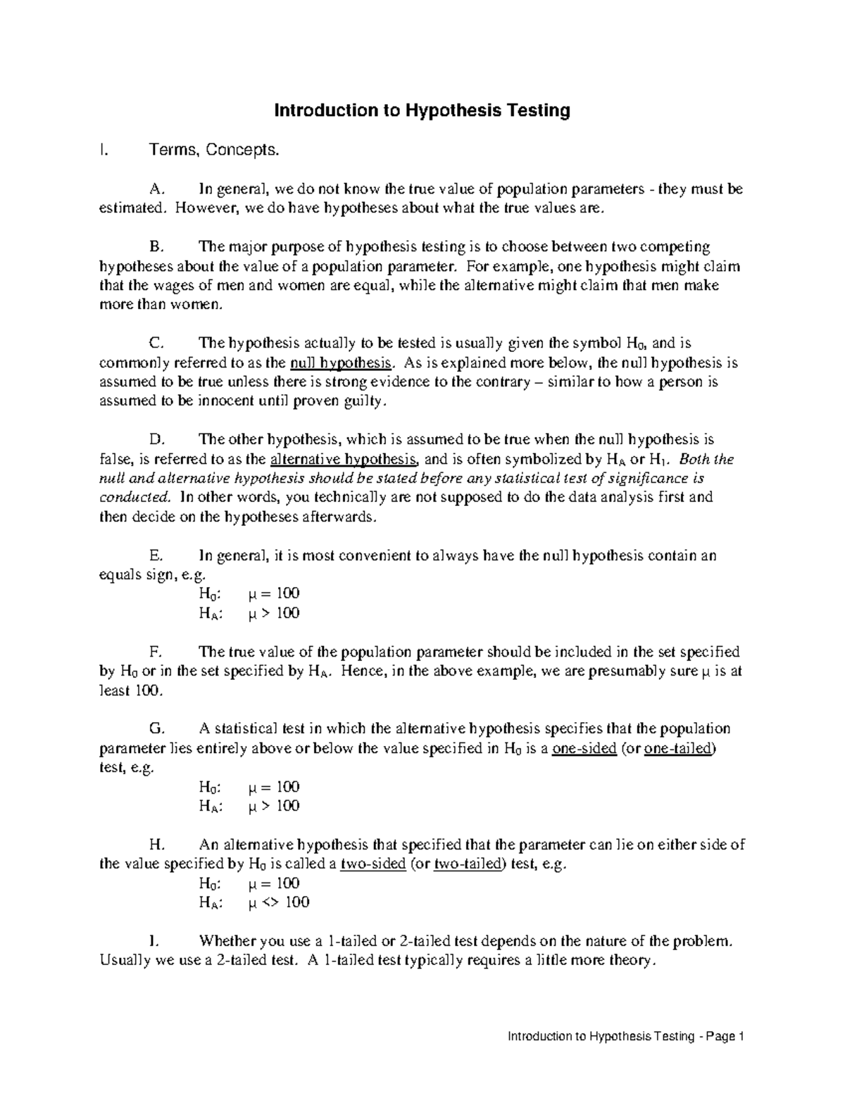 X24 - Complete Notes - Introduction to Hypothesis Testing I. Terms ...