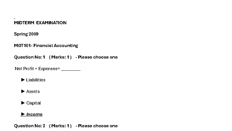 MGT101 Midterm Exam Spring 2009 Financial Accounting Questions - Studocu