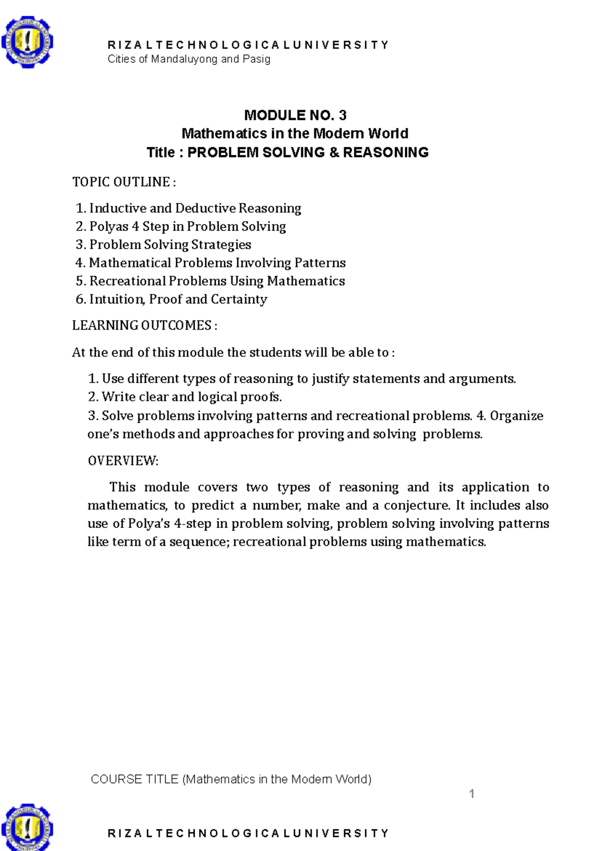 2023-24 MMW Module 3 - Problem Solving & Reasoning - Studocu