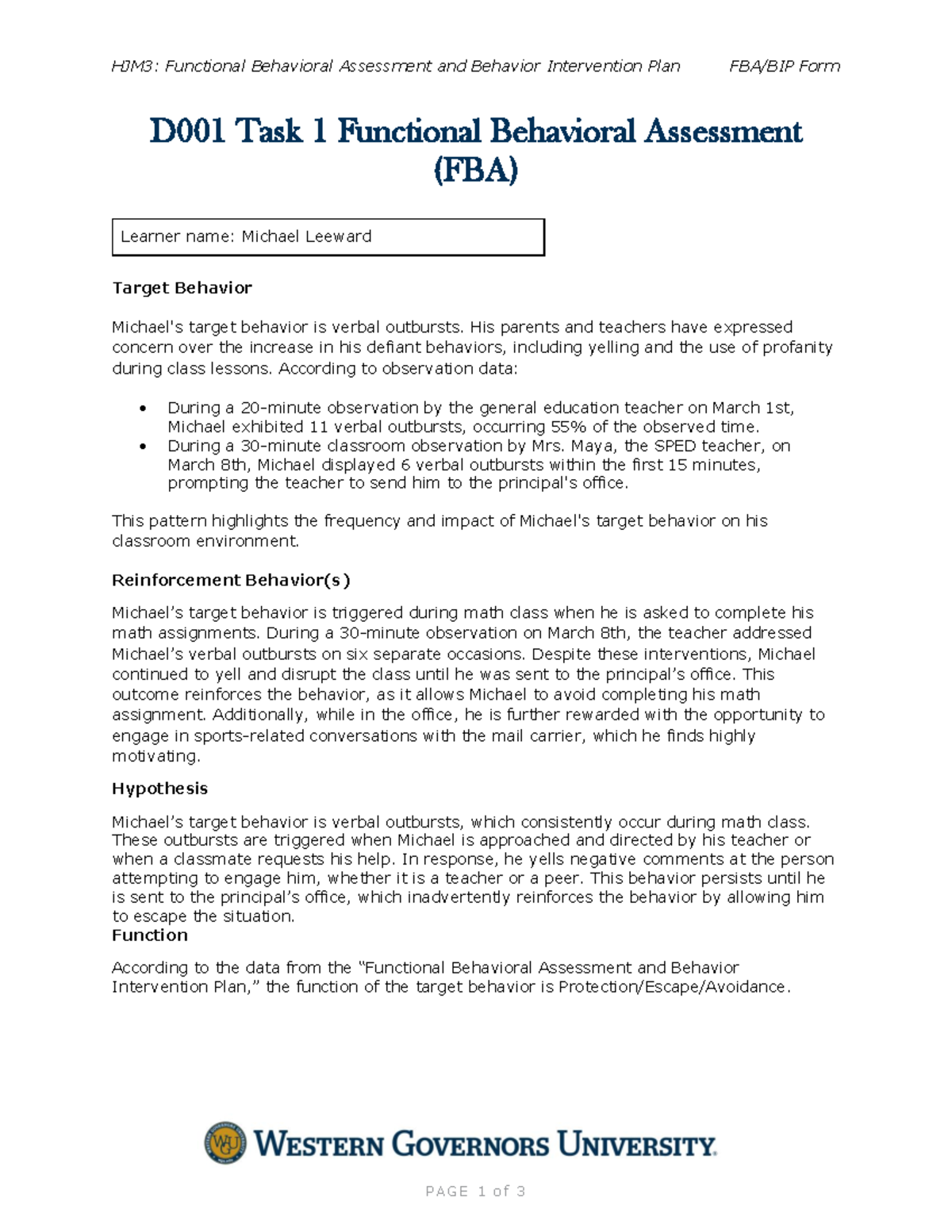 FBA BIP Form (1) - D001 Task 1 Functional Behavioral Assessment (FBA ...
