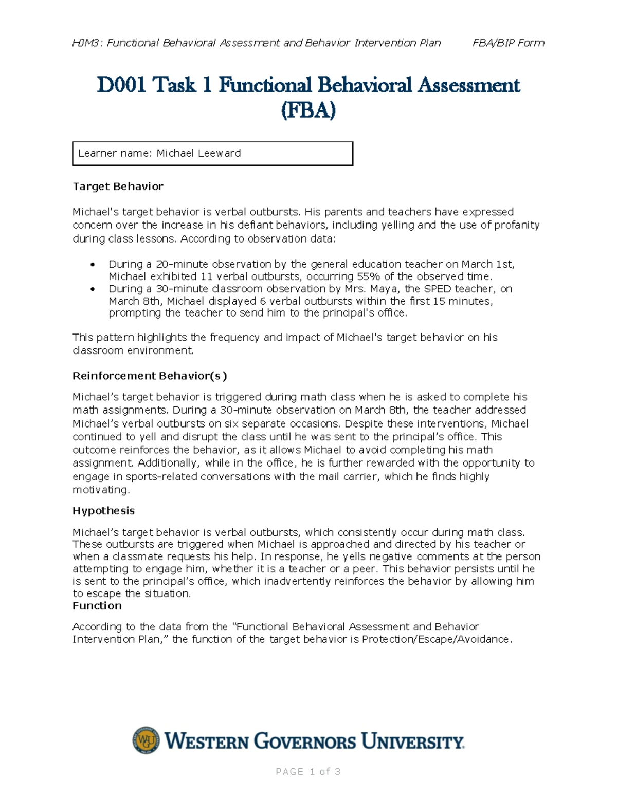D001 Task 1: Functional Behavior Assessment & Intervention Plan - Studocu