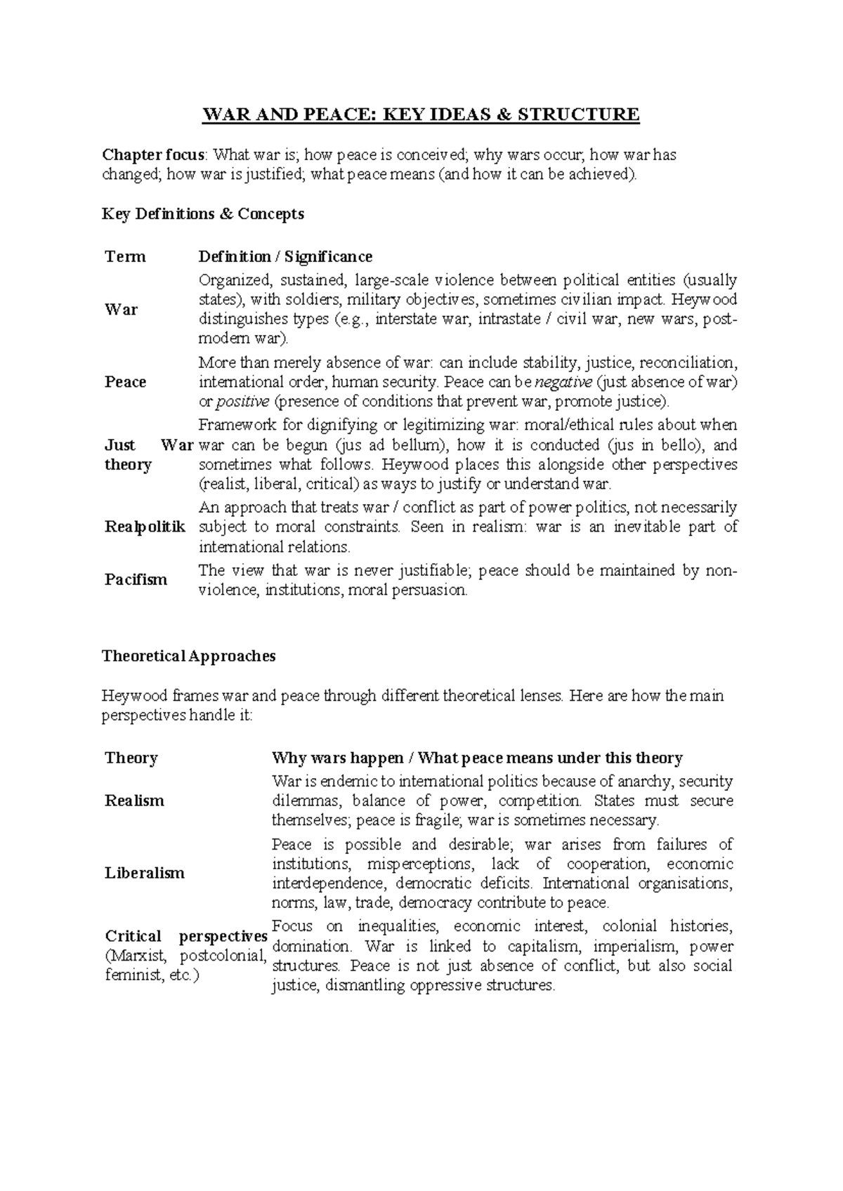 War and Peace: Theoretical Approaches & Key Concepts (POL 101) - Studocu