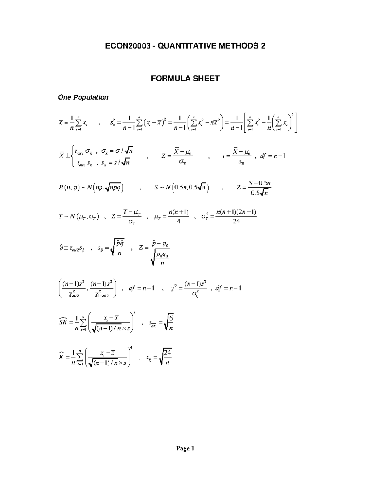 Quantitative methods exam Formula sheet 2025 - FORMULA SHEET One ...