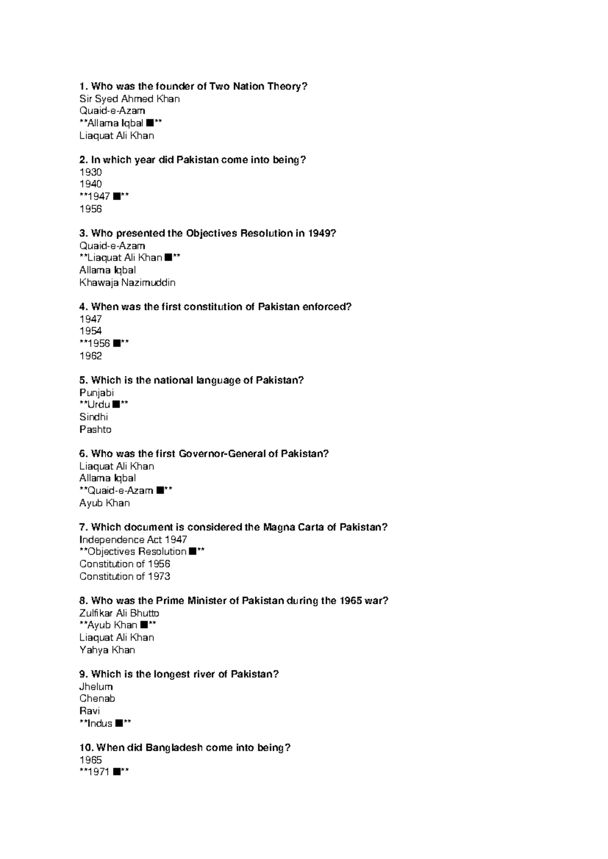 PAK301 Final Exam: 100 MCQs on Pakistan's History and Politics - Studocu
