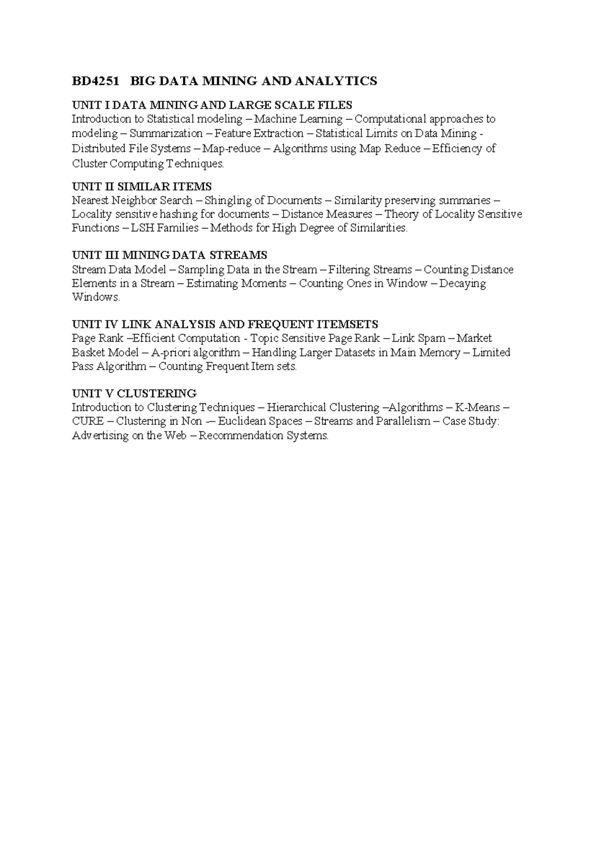 BD4251 BIG DATA Mining and Analytics Course Syllabus Overview - Studocu