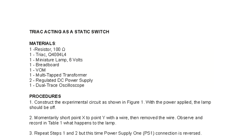 TRIAC as a Static Switch: Experimental Procedures and Observations ...