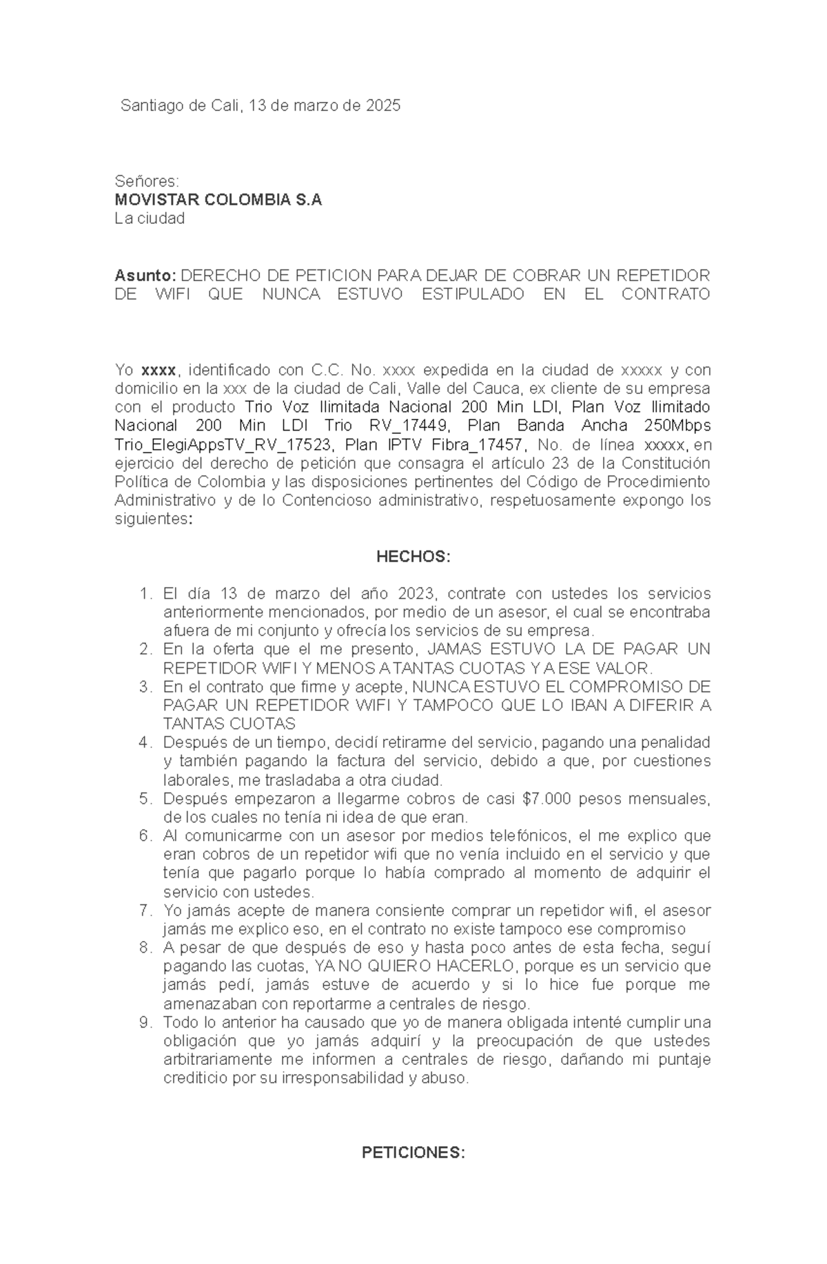 Derecho de Petición a Movistar: Reembolso por Cobros Injustos - Document Preview