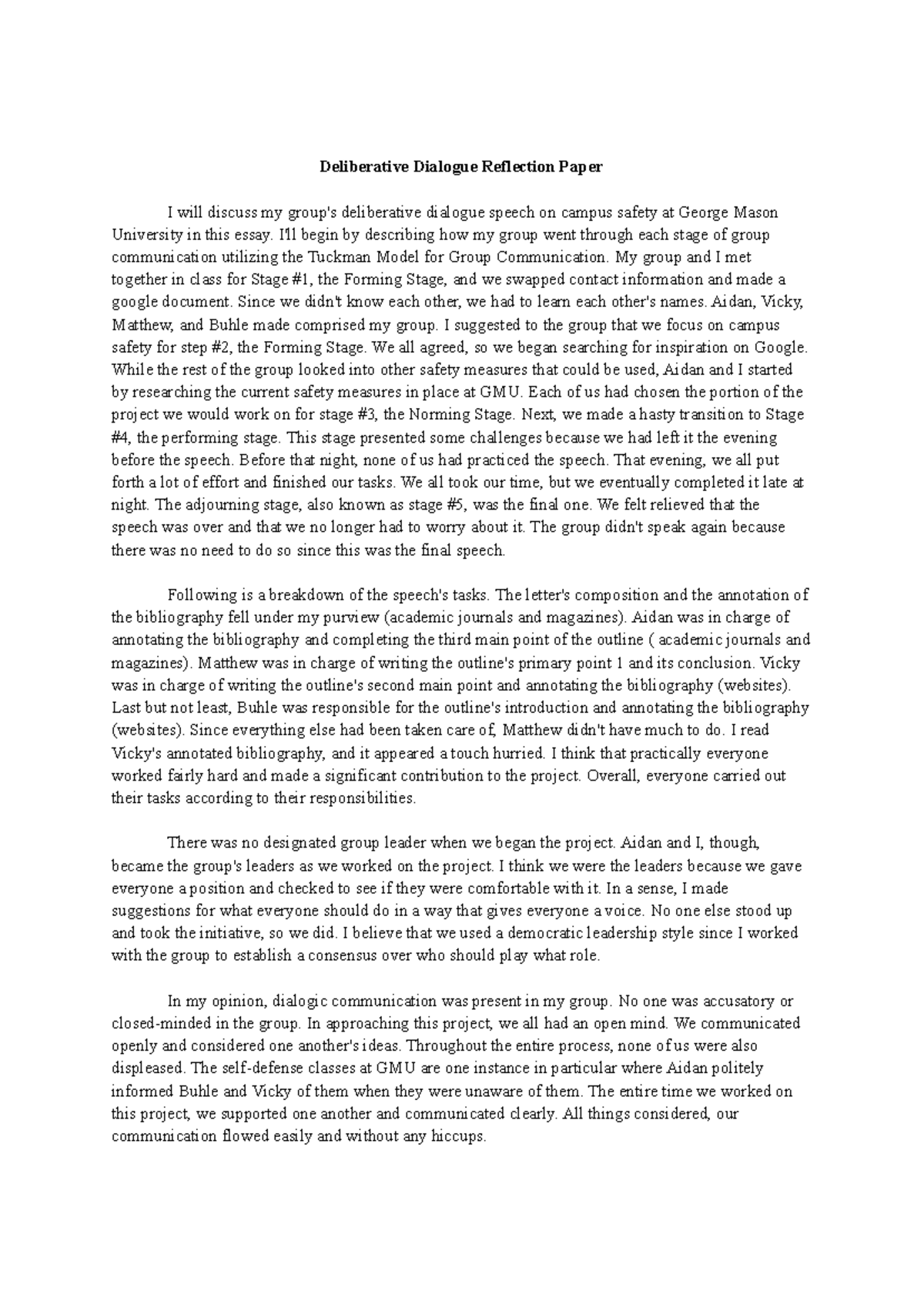 Reflection on Deliberative Dialogue: Campus Safety Proposal - Studocu