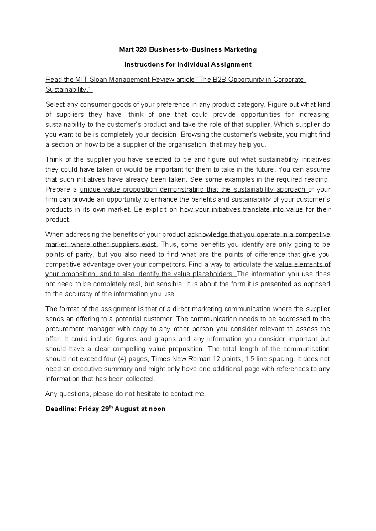 MART 328 Individual Assignment: B2B Sustainability Value Proposition ...