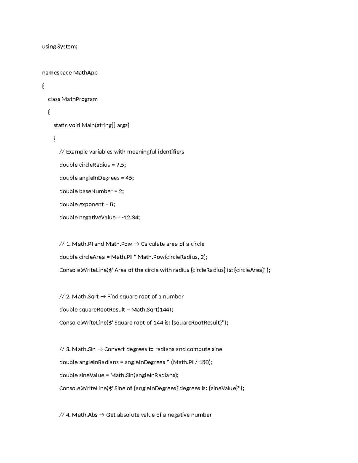 MathApp Class Examples: Circle Area, Square Root, and Trigonometry ...