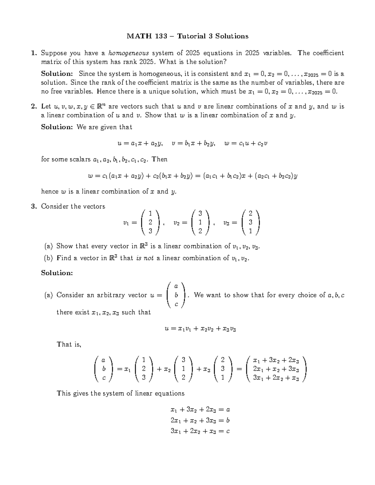 MATH 133 Tutorial 3 Solutions: Homogeneous Systems & Linear ...