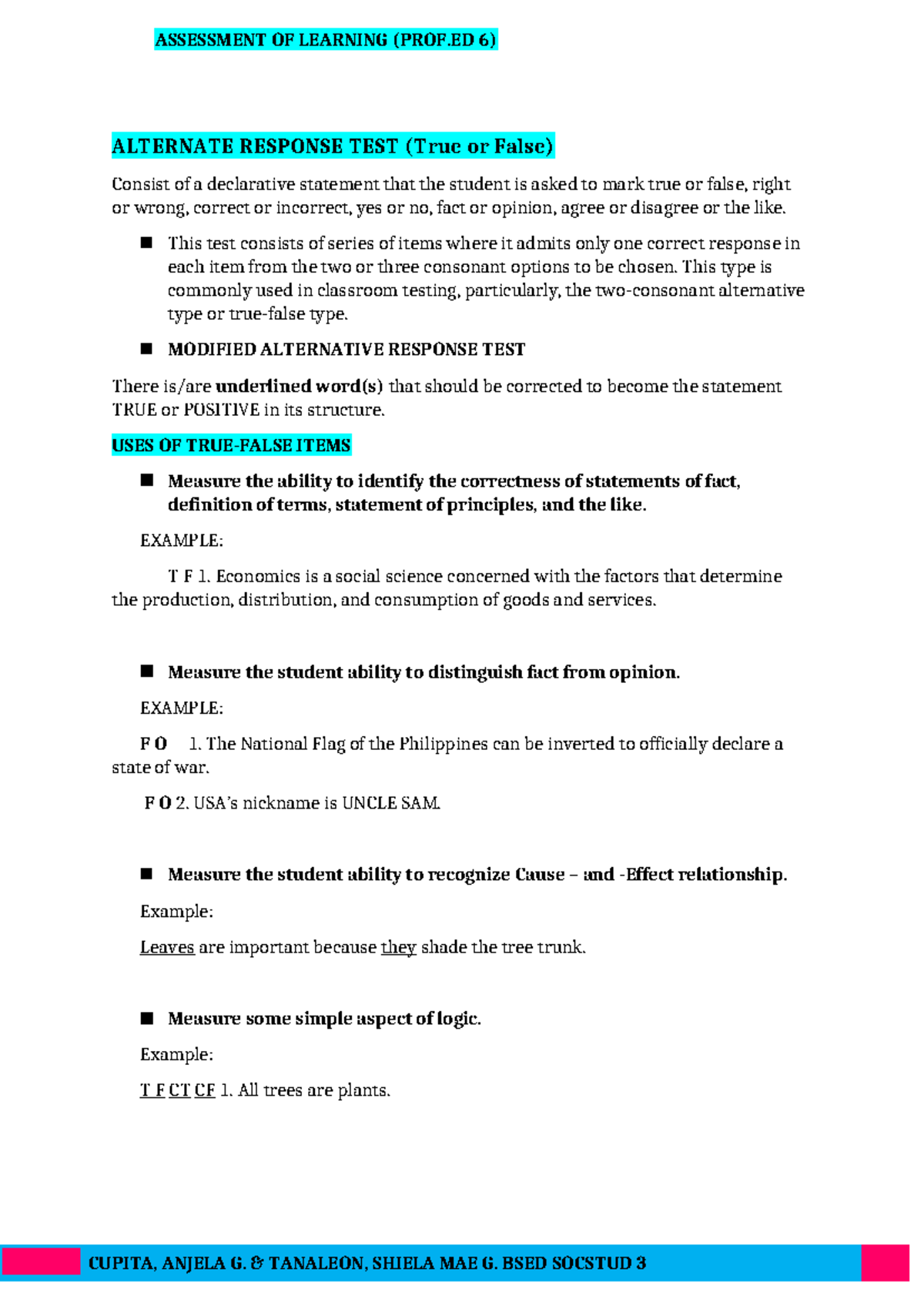 ASSESSMENT OF ALTERNATE RESPONSE TEST (PROF.ED 6) - Studocu