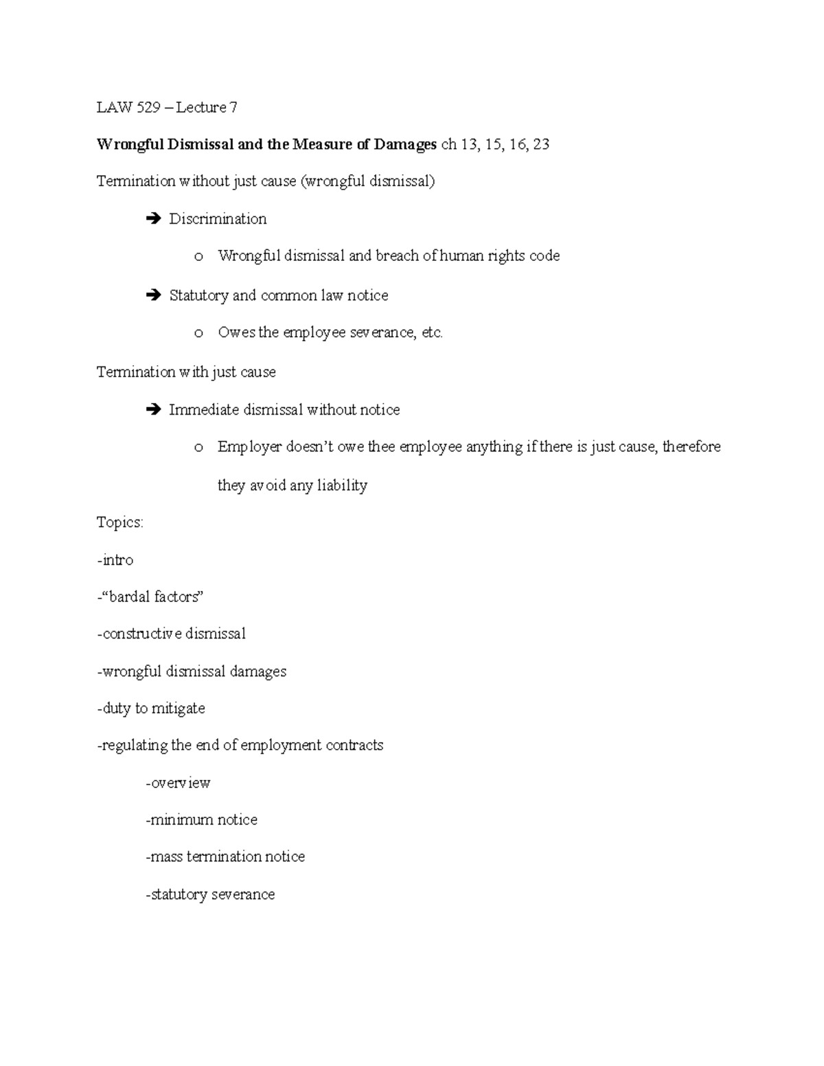 LAW 529 – Lecture 7: Wrongful Dismissal & Damages Overview - Studocu