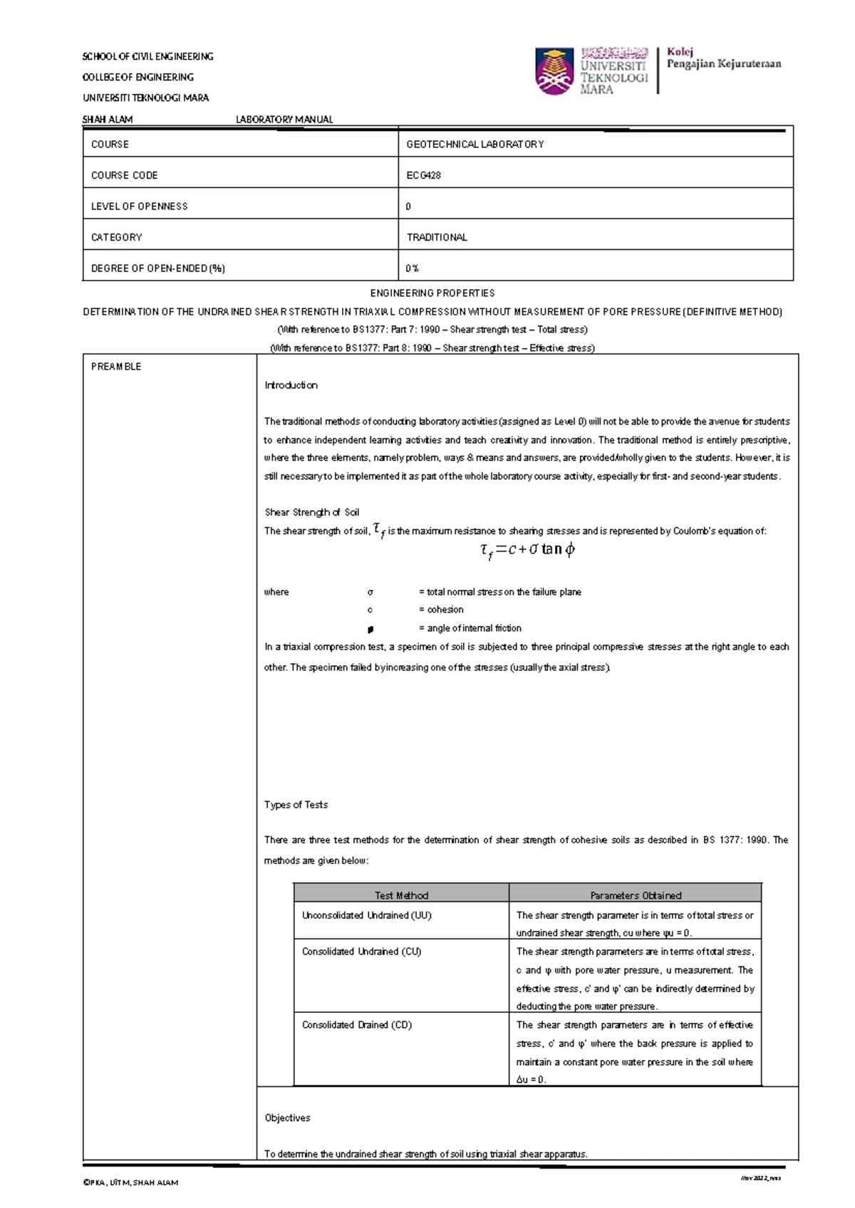LAB 1: Unconfined Compression Strength Analysis - ECG Level 0 Manual ...