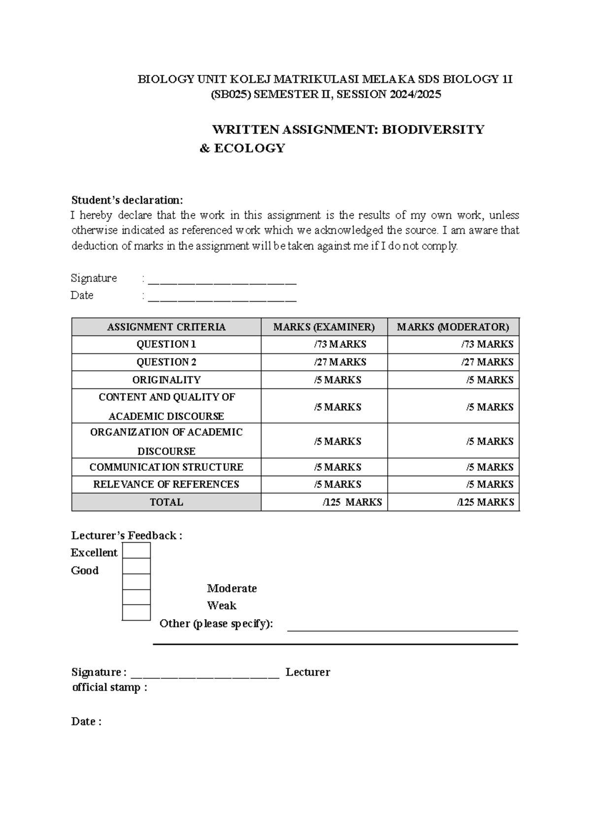 Biology Assignment: Biodiversity & Ecology (SB025) Semester II - Studocu
