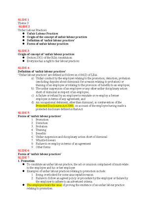 LAB Theme 4 - Notes taken - SLIDE 1 Labour Law Theme 4 Unfair ...