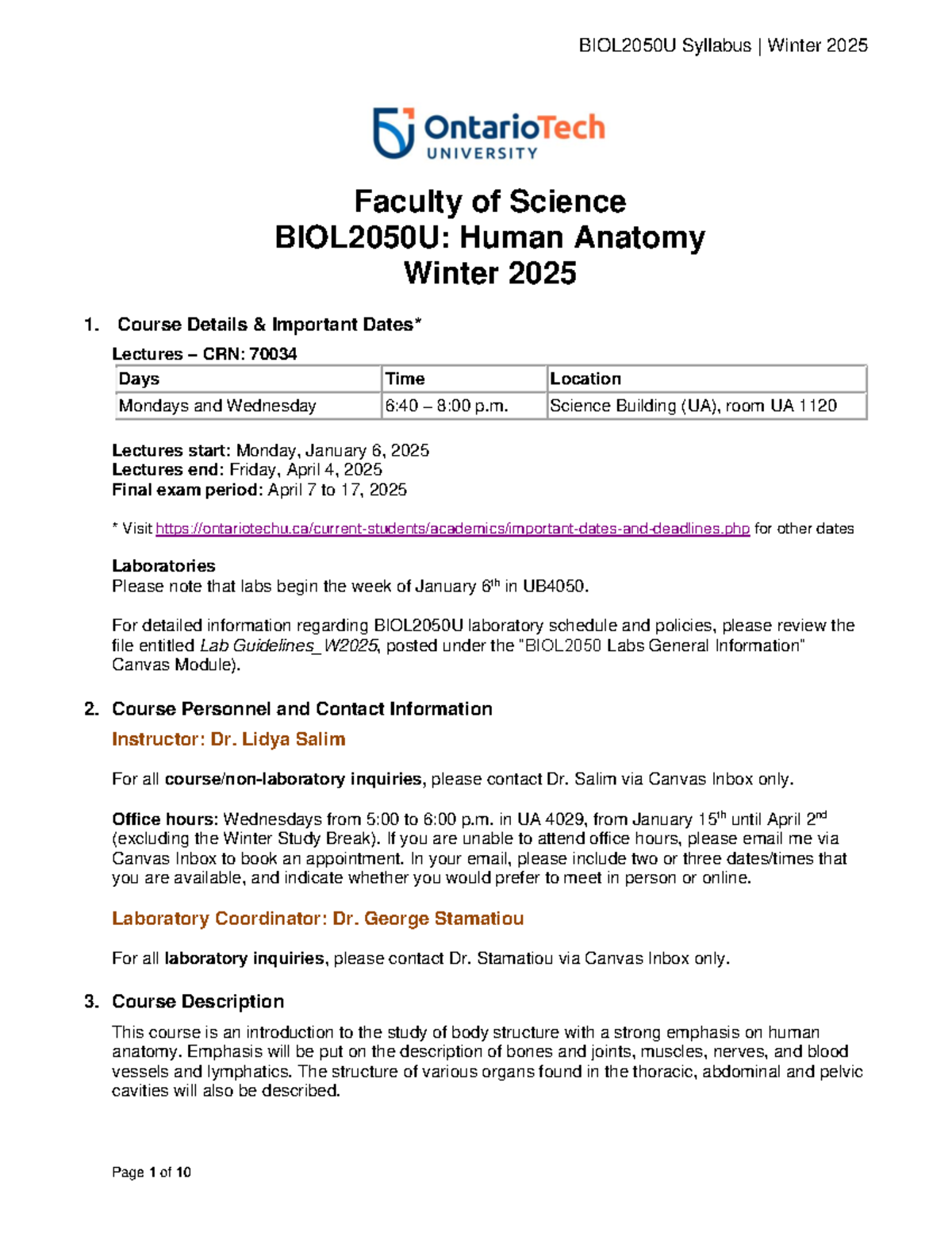BIOL2050U Winter 2025 Course Syllabus and Important Dates - Studocu