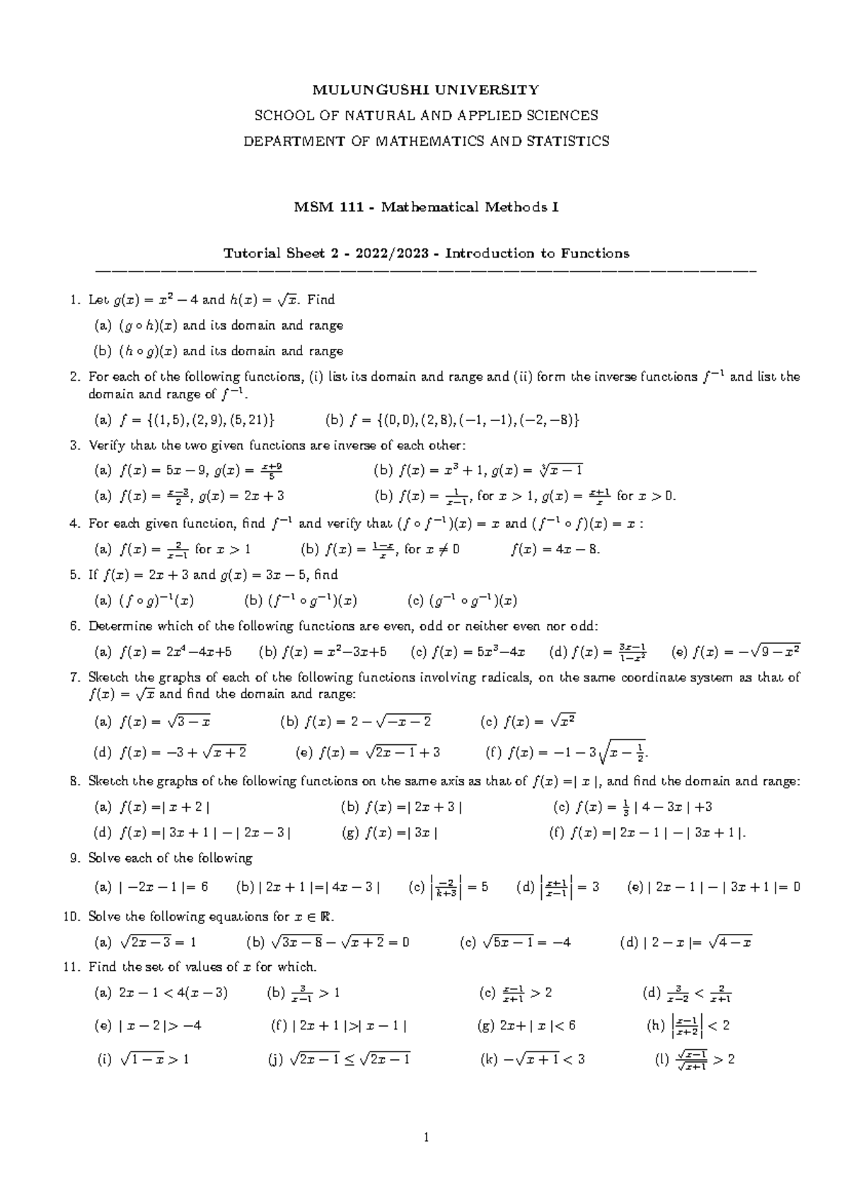 MSM 111 - Mathematical Methods I Tutorial Sheet 2: Functions Overview ...