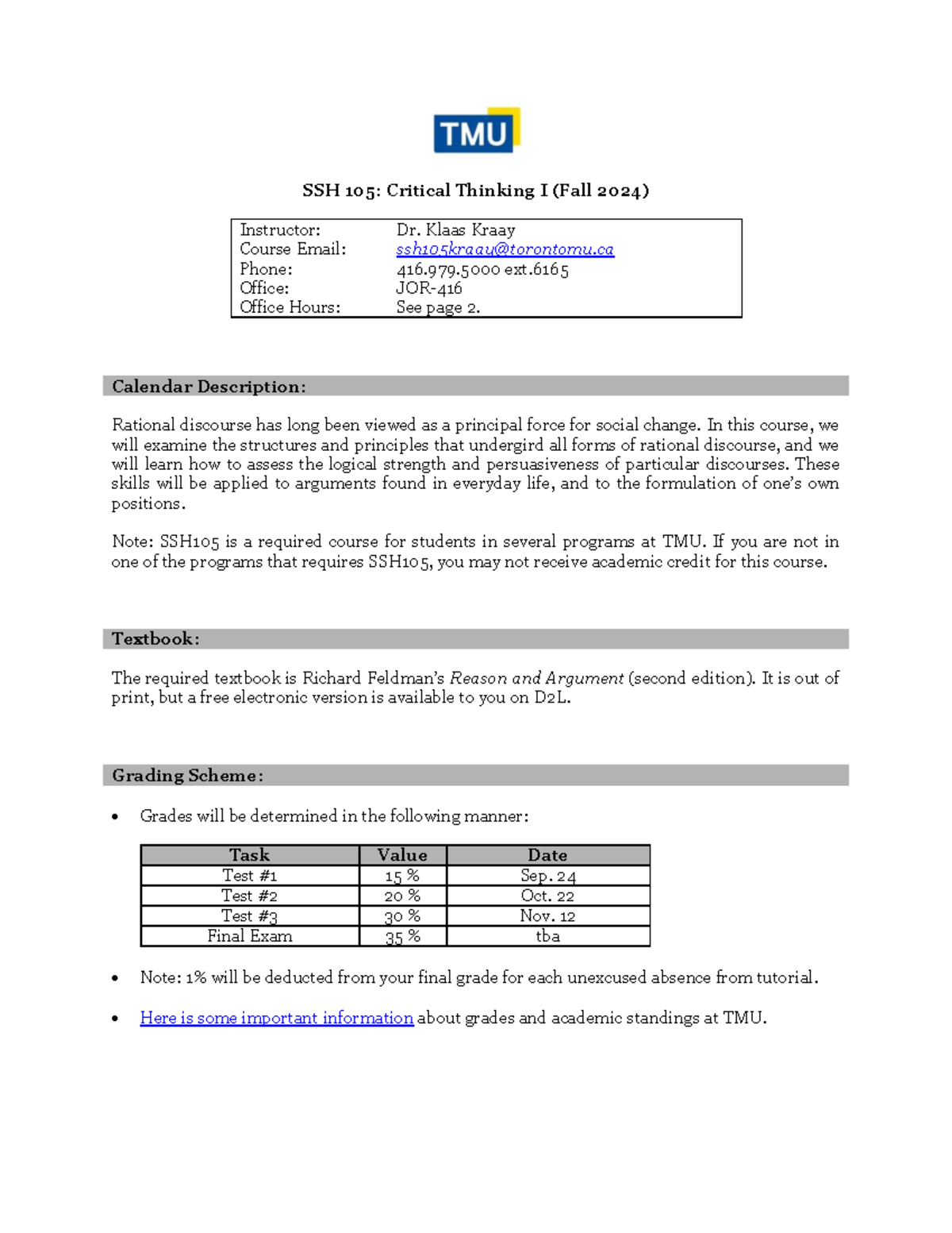 SSH 105: Critical Thinking I Course Outline - Fall 2024 Syllabus - Studocu